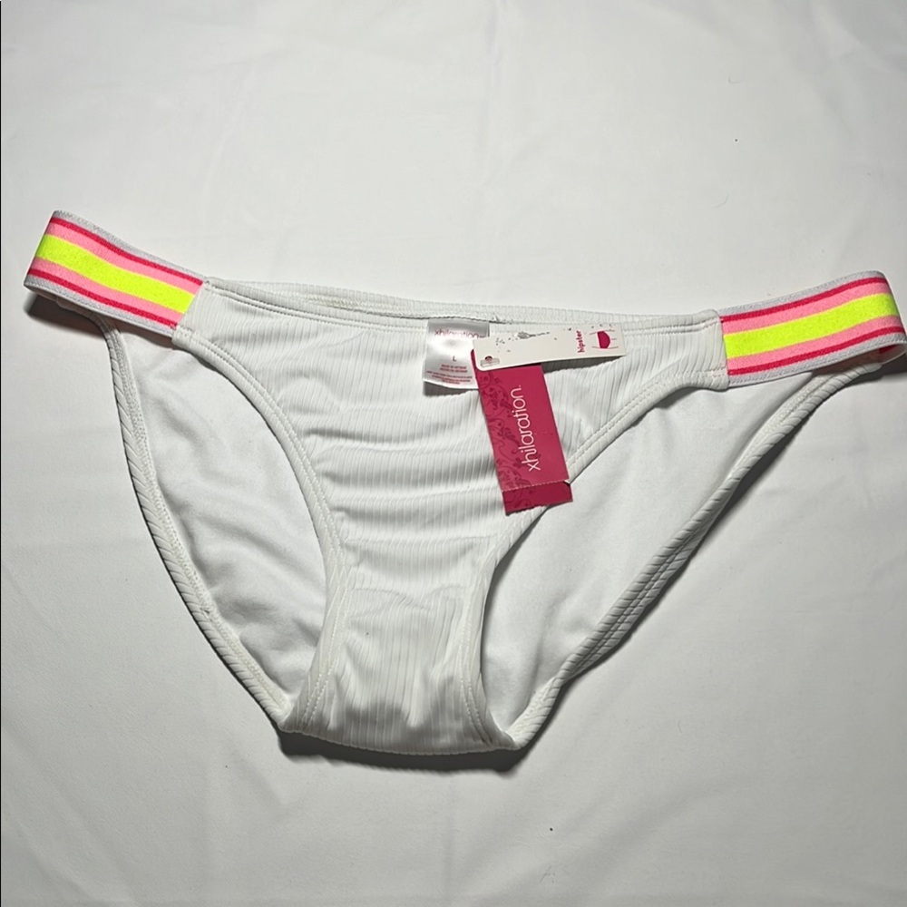 Xhilaration White Bikini Bottom with Neon Pink and Yellow Waistband